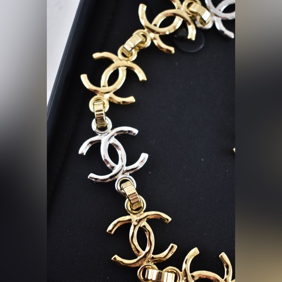 Chanel 26P Gold Silver Mixed Metal CC Logo Chain Link Cuban Choker Necklace - Picture 9 of 15